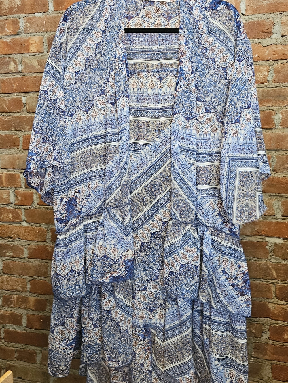 Abercrombie & Fitch Blue and White Paisley Kimono Top With Tiers